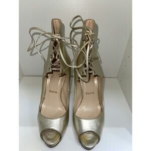 Christian Louboutin Gold Lace-Up Peep Toe Heels with Red Soles
